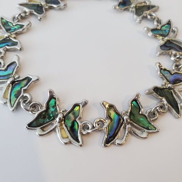 Abalone Butterfly Silver Chain Link Bracelet Teal Green & Blue tones Boho Chic - Picture 3 of 5